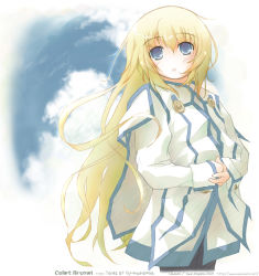 00s 1girl 2007 aoyama_syun blonde_hair blue_eyes character_name colette_brunel expressionless female_focus long_hair looking_at_viewer pantyhose sky solo tales_of_(series) tales_of_symphonia very_long_hair