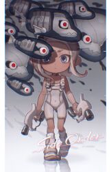 1girl agent_8_(splatoon) battering_lento blue_eyes bodysuit boots brown_hair choker copyright_name dual_wielding fish_skeleton grey_choker grey_hair holding jelleton long_hair marching_andante multicolored_hair nintendo octoling octoling_girl octoling_player_character oekaki_azu order_dualies_(splatoon) parted_lips red_eyes splatoon_(series) splatoon_3 splatoon_3:_side_order standing standing_on_one_leg swarming_languendo tentacle_hair two-tone_hair white_bodysuit white_footwear