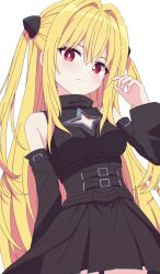 1girl black_dress black_sleeves blonde_hair blush breasts closed_mouth commentary_request detached_sleeves dress hair_between_eyes hair_intakes highres kaie konjiki_no_yami long_hair long_sleeves medium_breasts pleated_dress red_eyes simple_background sleeveless sleeveless_dress solo to_love-ru two_side_up very_long_hair white_background