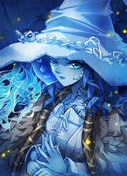 Rule 34 | 1girl, blue eyes, blue hair, blue lips, blue skin, brown cloak, cloak, closed mouth, colored skin, cracked skin, elden ring, extra arms, extra faces, fur cloak, hat, large hat, lips, long hair, looking at viewer, mixed-language commentary, one eye closed, own hands together, ranni the witch, solo, vmat, white hat, witch, witch hat