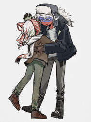 2boys belarus_(countryhumans) black_footwear black_jacket boots braid countryhumans full_body fur_hat grey_pants hat headband highres jacket long_hair multicolored_hair multiple_boys pants parted_lips red_headband russia_(countryhumans) russian_flag saboten92 scarf simple_background smile streaked_hair ushanka white_background white_eyes white_hair white_scarf