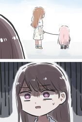 3girls bang_dream! bang_dream!_it&#039;s_mygo!!!!! black_hair brown_hair chihaya_anon commentary highres holding holding_leash kneeling leash long_hair lyy misunderstanding mole mole_under_eye multiple_girls nagasaki_soyo open_mouth pink_hair purple_eyes shiina_taki shirt sidelocks skirt sweatdrop symbol-only_commentary white_shirt white_skirt