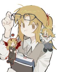 3boys angel_and_devil black-framed_eyewear blonde_hair book brown_eyes closed_mouth cross cross_necklace degrees_of_lewdity dual_persona glasses grey_sweater_vest hair_ribbon halo highres holding holding_book holding_removed_eyewear horns jewelry long_hair long_sleeves male_focus multiple_boys necklace octopus_dol open_mouth pants ponytail red_ribbon red_tail red_wings ribbon shirt shoulder_angel shoulder_devil simple_background sweater_vest sydney_(degrees_of_lewdity) sydney_(male)_(degrees_of_lewdity) tail unworn_eyewear white_background white_shirt white_wings wings