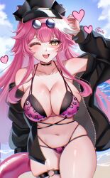 1girl absurdres alternate_costume arm_up artist_name ayrinsama beach bikini black_bikini black_bow black_choker black_hat black_jacket blue_sky blush bow breasts cat_o-ring choker cloud cloudy_sky commentary day english_commentary eyewear_on_head hat heart highres holding holding_swim_ring hololive hololive_english holonatsu_paradise innertube jacket large_breasts leopard_print_bikini long_hair long_sleeves looking_at_viewer multicolored_hair navel o-ring o-ring_thigh_strap ocean one_eye_closed open_clothes open_jacket open_mouth panther_girl panther_tail pink_bikini pink_hair pink_innertube pink_lips raora_panthera raora_panthera_(holonatsu_paradise) sand sky smile solo stomach streaked_hair sunglasses swim_ring swimsuit tail teeth thigh_strap thighs two-tone_hair upper_teeth_only virtual_youtuber white_hair yellow_eyes