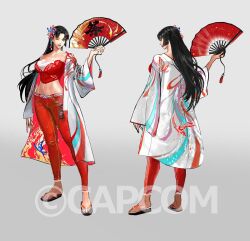 1girl black_hair breasts capcom copyright_notice crop_top fatal_fury folding_fan full_body hair_ornament hand_fan haori holding holding_fan japanese_clothes large_breasts long_hair official_alternate_costume official_alternate_hairstyle official_art pants red_pants reference_sheet sandals shiranui_mai solo straight_hair strapless street_fighter street_fighter_6 takayuki_nakayama tube_top