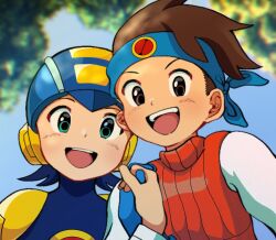 Rule 34 | 2boys, bandana, blue bandana, blue bodysuit, blurry, blurry background, bodysuit, brown eyes, brown hair, commentary, english commentary, green eyes, holding hands, lan hikari (mega man), looking at viewer, male focus, mega man (series), mega man battle network (series), megaman.exe, multiple boys, nanjima command, open mouth, short hair, upper body