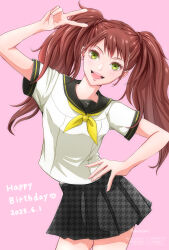 1girl black_skirt brown_hair commentary_request contrapposto daisysan dated hand_on_own_hip happy_birthday highres kujikawa_rise long_hair neckerchief open_mouth persona persona_4 pink_background pleated_skirt simple_background skirt smile solo twintails v watermark yellow_eyes yellow_neckerchief