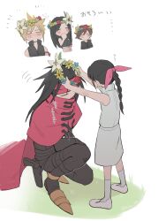2girls 3boys armored_boots bare_shoulders black_hair black_pants blonde_hair blush boots brown_hair cape child cloak closed_eyes cloud_strife crop_top cropped_torso denzel_(ff7) final_fantasy final_fantasy_vii final_fantasy_vii_advent_children flower full_body hair_ribbon head_wreath highres holding holding_flower long_hair marlene_wallace multiple_boys multiple_girls on_one_knee pants pink_ribbon red_cape red_cloak ribbon short_hair simple_background skirt sleeveless sleeveless_turtleneck socks sweater tifa_lockhart turtleneck turtleneck_sweater upper_body vani_(hisha_04) vincent_valentine white_background