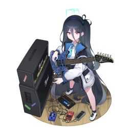 1girl absurdly_long_hair absurdres amplifier aqua_necktie arona_(blue_archive) audio_cable black_hair black_skirt blue_archive blue_halo chibi chibi_inset collared_shirt commentary_request dress_shirt effects_pedal electric_guitar english_text from_above full_body gradient_hair guitar hair_between_eyes halo highres holding holding_guitar holding_instrument hrna instrument jacket kei_(blue_archive) korean_text long_hair long_sidelocks long_sleeves looking_at_viewer mixed-language_text multicolored_hair necktie one_side_up open_clothes open_jacket pleated_skirt rectangular_halo red_eyes shirt shoes sidelocks simple_background skirt solo speaker translation_request very_long_hair white_background white_jacket white_shirt white_shoes