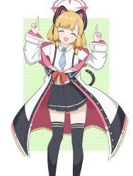 1girl :d ^_^ animal_ear_headphones animal_ears aqua_necktie black_tail black_thighhighs blonde_hair blue_archive blunt_bangs blush border bow buttons cat_ear_headphones cat_ears cat_tail chinese_commentary closed_eyes collared_shirt commentary_request dot_nose dotted_background facing_viewer fake_animal_ears fake_tail feet_out_of_frame frilled_jacket frilled_skirt frills green_background hair_bow halo happy headphones highres hood hood_down hooded_jacket huashijie_(medium) internet_yamero jacket long_sleeves low-tied_sidelocks making-of_available medium_hair miniskirt momoi_(blue_archive) multicolored_jacket multiple_hair_bows necktie off_shoulder open_clothes open_jacket open_mouth outside_border parted_bangs pigeon-toed pink_halo pink_jacket pink_trim pleated_skirt pointing pointing_up red_bow school_uniform shirt shirt_tucked_in sidelocks skirt smile solo standing suspender_skirt suspenders tail tail_raised thighhighs two-sided_fabric two-sided_jacket white_border white_jacket white_shirt year_yail zettai_ryouiki