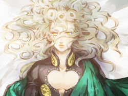 1boy alternate_hair_length alternate_hairstyle blonde_hair cleavage_cutout cloak clothing_cutout giorno_giovanna jojo_no_kimyou_na_bouken long_hair lying male_focus on_back solo upper_body vento_aureo victory_rolls wavy_hair yellow_eyes zakki