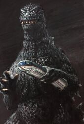 Rule 34 | black background, black sky, claws, dinosaur, g.n.a, giant, giant monster, godzilla, godzilla (series), highres, holding, kaiju, monster, night, no humans, sharp teeth, simple background, sky, spikes, teeth, the return of godzilla, toho, train