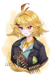 1girl ahoge ammunition aqua_shirt artist_name bandolier belt blonde_hair blush bullet commentary cropped_torso dokibird_(vtuber) dokibird_(vtuber)_(bounty_hunter) english_commentary feather_hair flipped_hair green_eyes hair_ornament heterochromia indie_virtual_youtuber looking_down neckerchief orange_neckerchief pinstripe_pattern pinstripe_shirt red_eyes sebu_illust shirt simple_background solo target virtual_youtuber white_background x_hair_ornament yellow_background