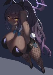 1girl absurdres animal_ears arm_tattoo arm_up bare_shoulders black_hair black_leotard black_shoes blue_archive blue_bow blue_bowtie blush bow bowtie breasts closed_mouth dark-skinned_female dark_skin detached_collar fake_animal_ears fake_tail fishnet_pantyhose fishnets from_above full_body hair_between_eyes halo high_heels highres huge_breasts jifuwabe karin_(blue_archive) karin_(bunny)_(blue_archive) leotard long_hair number_tattoo official_alternate_costume pantyhose playboy_bunny ponytail purple_halo rabbit_ears rabbit_tail shadow shoes sidelocks solo strapless strapless_leotard tail tattoo tsurime white_tail white_wrist_cuffs wrist_cuffs yellow_eyes