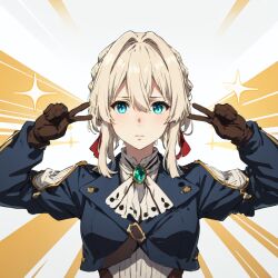 1girl ascot blonde_hair blue_eyes blue_jacket blush braid brooch brown_gloves closed_mouth crown_braid double_v emotional_engine_-_full_drive gloves hair_intakes jacket jewelry looking_at_viewer nose simple_background source_request v violet_evergarden violet_evergarden_(series)