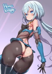 1girl artist_name ass ass_cutout black_bodysuit black_gloves black_panties blue_eyes blue_hair bodysuit breasts c-string closed_mouth clothing_cutout commentary_request covered_erect_nipples cowboy_shot crotch_cutout dutch_angle frame_arms_girl from_behind gloves highres leaning_forward long_hair looking_at_viewer looking_back low_ponytail mechanical_arms panties partial_commentary ponytail puddinghomhom signature small_breasts smile solo standing strapless_bottom stylet thighs underwear very_long_hair