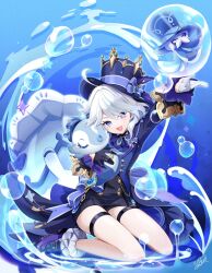 Rule 34 | 1girl, :d, ahoge, arm up, ascot, asymmetrical gloves, azuma yuki, black gloves, black shorts, blue ascot, blue bow, blue eyes, blue footwear, blue gemstone, blue hair, blue hat, blue jacket, bow, bubble, commentary request, drop-shaped pupils, full body, furina (genshin impact), gem, genshin impact, gentilhomme usher, gloves, hat, hat bow, heterochromia, highres, hydrokinesis, jacket, kneeling, ouji fashion, light blue hair, lolita fashion, long sleeves, looking at viewer, mademoiselle crabaletta, mismatched gloves, multicolored hair, open mouth, shorts, signature, smile, streaked hair, surintendante chevalmarin, symbol-shaped pupils, thigh strap, top hat, vision (genshin impact), water, white gloves, white hair