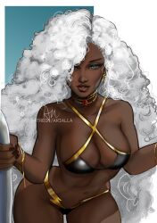 1girl arialla_draws bikini blue_eyes breasts dark-skinned_female dark_skin earrings highres jewelry large_breasts lightning_bolt_symbol long_hair looking_at_viewer marvel smile solo storm_(x-men) swimsuit very_dark_skin white_hair x-men