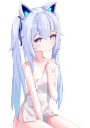 1girl animal_ear_headphones animal_ears arm_between_legs bare_shoulders between_legs black_ribbon blue_eyes blue_hair blue_ribbon blush breasts cat_ear_headphones cat_ears collarbone covering_privates fake_animal_ears hair_between_eyes hair_ribbon hand_between_legs headphones highres holding holding_towel long_hair looking_at_viewer mechanical_ears naked_towel nude nude_cover ribbon sapphy_(vrchat) sidelocks simple_background sitting small_breasts solo thighs towel twintails user_nskr8777 vrchat white_background white_hair