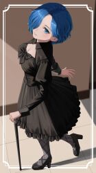 1girl absurdres black_dress black_pantyhose black_ribbon blue_eyes blue_hair breasts cane cleavage closed_mouth dress from_above hair_over_one_eye high_heels highres holding holding_cane looking_at_viewer medium_breasts nemo_ringo original pantyhose ribbon short_hair solo