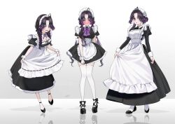 1girl ahoge apron averting_eyes black_dress black_hair black_shoes blush breasts cleavage closed_mouth curtsey dress embarrassed full-face_blush full_body gradient_background grey_background hair_intakes hat juliet_sleeves large_breasts leaning_forward lipstick long_hair long_sleeves looking_at_viewer maid maid_apron maid_headdress makeup mob_cap mole mole_on_breast multicolored_hair multiple_views open_mouth original platform_shoes puffy_sleeves purple_eyes purple_hair reflective_floor shoes signature smile standing standing_on_one_leg thighhighs two-tone_hair victorian_maid waist_apron white_apron white_hat white_headdress white_thighhighs white_wrist_cuffs wrist_cuffs yuuyu_(moco20111115)