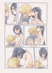 1boy 1girl absurdres bare_shoulders between_breasts black_hair blonde_hair blush breasts closed_eyes cloud_strife commentary_request couple crop_top dated earrings emonekaku face_between_breasts facing_another final_fantasy final_fantasy_vii final_fantasy_vii_advent_children from_side grabbing_another&#039;s_breast groping hair_behind_ear hand_on_another&#039;s_head head_between_breasts heavy_breathing hetero highres hug jewelry kiss kissing_neck large_breasts long_hair looking_at_another parted_lips popped_collar profile ribbed_shirt saliva saliva_trail sequential shirt short_hair signature single_earring sleeveless sleeveless_shirt spiked_hair sweatdrop tank_top tifa_lockhart upper_body white_tank_top