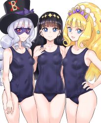 3girls black_hair black_hat blonde_hair blue_eyes blue_one-piece_swimsuit breasts cameltoe closed_mouth cure_finale delicious_party_precure eyebrows_hidden_by_hair gentlu_(precure) gluteal_fold half_mask hand_on_own_chest hand_on_own_hip hat hat_ribbon highres kasai_amane kuppipi_ramutarou long_hair looking_at_viewer mask multiple_girls one-piece_swimsuit open_mouth ponytail precure purple_ribbon red_eyes ribbon simple_background small_breasts smile swimsuit top_hat white_background white_hair