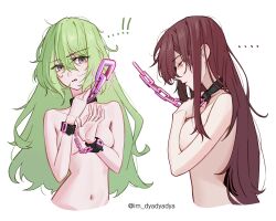 ! !! ... 2girls belt_collar breasts brown_hair chain collar commentary completely_nude cropped_torso dated_commentary dyadyadya eden_(honkai_impact) green_hair highres honkai_(series) honkai_impact_3rd large_breasts long_hair medium_breasts mobius_(honkai_impact) multiple_girls navel nude simple_background snake stomach twitter_username white_background wrist_cuffs yellow_eyes