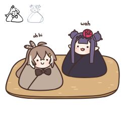 2girls ahoge bloodymoonia brown_hair c: catchphrase chibi double_bun english_text fang feather_hair_ornament feathers food hair_bun hair_ornament hairclip highres hololive hololive_english long_hair mat mole mole_under_eye multicolored_hair multiple_girls nanashi_mumei nanashi_mumei_(1st_costume) ninomae_ina&#039;nis ninomae_ina&#039;nis_(new_year) onigiri ponytail purple_hair sketch_inset smile streaked_hair virtual_youtuber
