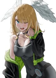 1girl bare_shoulders belt black_belt black_bodysuit black_choker black_jacket blonde_hair blue_eyes bodysuit breast_tattoo breasts choker cleavage collarbone covered_navel eunie_(xenoblade) feathered_wings head_wings jacket large_breasts long_sleeves off_shoulder one_eye_closed open_clothes open_jacket open_mouth simple_background solo tattoo tngtaku upper_body white_background white_wings wings xenoblade_chronicles_(series) xenoblade_chronicles_3