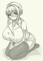1girl blush breasts buttons character_request collared_shirt commentary_request copyright_request double-breasted greyscale hat huge_breasts jacket miniskirt monochrome no_shoes nose_blush pas_(paxiti) pencil_skirt polo_shirt shirt short_hair sidelocks sketch skirt solo