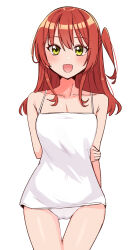 1girl :d absurdres ao_(flowerclasse) arms_behind_back bare_arms bare_shoulders blush bocchi_the_rock! breasts camisole collarbone commentary cowboy_shot green_eyes hair_between_eyes highres kita_ikuyo long_hair looking_at_viewer one_side_up open_mouth panties red_hair simple_background small_breasts smile solo spaghetti_strap straight-on thigh_gap underwear white_background white_camisole white_panties