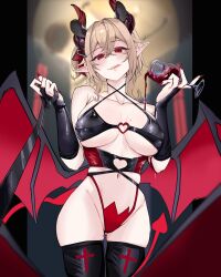 1girl absurdres ahoge alternate_costume alternate_form animal_ears armpit_crease bare_shoulders black_bridal_gauntlets black_thighhighs blurry blurry_background blush breasts breasts_apart bridal_gauntlets brown_hair clothing_cutout collarbone commentary criss-cross_halter crossed_bangs cup demon_girl demon_horns demon_tail demon_wings drinking_glass fang fingernails gluteal_fold groin hair_between_eyes hair_ornament hair_ribbon halterneck hands_up heart_cutout highres holding holding_cup holding_leash horns indie_virtual_youtuber large_breasts leash long_fingernails looking_at_viewer low_wings medium_hair mole mole_on_breast mole_on_thigh navel nimi_nightmare one_side_up pointy_ears pouring pov punpond red_eyes red_nails revealing_clothes ribbon solo tail tapir_ears thighhighs tongue tongue_out vampire viewer_on_leash virtual_youtuber wine_glass wings