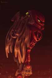 absurdres bionicle clenched_hand embers from_side green_eyes highres humanoid_robot kanohi_(bionicle) looking_at_viewer mask neoruke robot solo the_lego_group vakama_(bionicle)