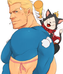 2boys animal_ears bandaid bandaid_on_face bara biceps blonde_hair blue_shirt cait_sith_(final_fantasy) cape cat_boy cat_ears cat_tail cid_highwind cigarette closed_eyes covered_abs covered_pectorals crown dog_tags fangs final_fantasy final_fantasy_vii furry furry_male holding holding_megaphone jewelry looking_at_viewer magnum_feering male_focus megaphone multiple_boys muscular muscular_male necklace open_mouth parted_lips pectorals pink_ribbon red_cape ribbon shirt smile tail whiskers