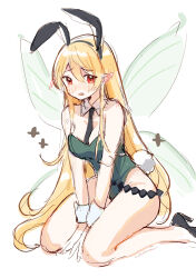 1girl absurdres animal_ear_hairband animal_ears bare_shoulders black_hairband black_necktie black_shoes blonde_hair blush breasts detached_collar fairy fairy_wings fake_animal_ears green_leotard hairband hakamii high_heels highres leotard long_hair looking_at_viewer medium_breasts necktie nijisanji nijisanji_en open_mouth playboy_bunny pointy_ears pomu_rainpuff rabbit_ears rabbit_tail red_eyes shoes simple_background solo strapless strapless_leotard tail very_long_hair virtual_youtuber white_background wings wrist_cuffs