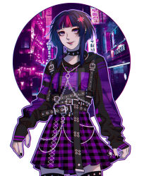 Rule 34 | 1girl, :d, artist name, belt, black belt, black choker, black gloves, black hoodie, black nails, blunt bangs, border, breasts, chain, character name, choker, chromatic aberration, colored skin, commentary, cowboy shot, cross-laced clothes, cross-laced skirt, cutie mark, e-girl, english commentary, eyeshadow, facial mark, gloves, grey skin, grin, high-waist skirt, highres, hood, hood down, hoodie, jewelry, long sleeves, looking at viewer, makeup, miniskirt, multicolored hair, multiple belts, my little pony, my little pony: friendship is magic, nail polish, necklace, open mouth, outline, outside border, pink eyes, pink hair, plaid clothes, plaid skirt, pleated skirt, puffy long sleeves, puffy sleeves, purple gloves, purple hair, purple hoodie, purple outline, purple skirt, red eyeshadow, red lips, riariirii, round border, short hair with long locks, skirt, small breasts, smile, solo, spiked choker, spikes, standing, streaked hair, striped clothes, striped gloves, thighhighs, twilight sparkle, two-tone gloves, two-tone hair, two-tone hoodie, white border, zettai ryouiki