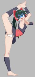 1girl ahoge arched_back arm_up arm_warmers armpit_crease azumaya_koyuki bare_shoulders barefoot blue_mask blush bow breasts cameltoe flexible from_side full_body fundoshi green_hair grey_background hair_bow hand_on_own_foot highres japanese_clothes kere_domo keroro_gunsou leg_warmers legs long_legs looking_at_viewer medium_breasts obi obijime open_mouth panties partially_visible_vulva ponytail red_bow sash shiny_skin sideboob sidelocks simple_background sleeveless solo split standing standing_on_one_leg standing_split thighs toenails underwear white_panties