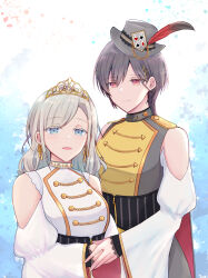 Rule 34 | 2girls, 4th live dream ~bloom the dream believers~, :d, bare shoulders, blue background, blue eyes, blush, breasts, buttons, ceras yanagida lilienfeld, closed mouth, clothing cutout, club (shape), commentary request, diamond (shape), double-breasted, edel note, edelied, feathers, flower stand art, gold tiara, gradient background, gradient feathers, grey feathers, grey hat, hair ornament, hair ribbon, hat, haz, heart, highres, katsuragi izumi, link! like! love live!, long sleeves, looking at another, looking at viewer, love live!, medium breasts, multiple girls, official alternate costume, open mouth, orange eyes, red feathers, ribbon, shoulder cutout, sleeves past wrists, slit pupils, smile, spade (shape), split mouth, swept bangs, triangle hair ornament, two-tone feathers, virtual youtuber, white background, wolf cut, yellow ribbon