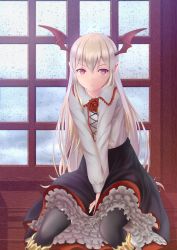 &gt;:( 10s 1girl between_legs blonde_hair character_request dress female_focus frilled_dress frills frown granblue_fantasy hand_between_legs head_wings highres long_hair looking_at_phone phone pink_eyes pointy_ears solo tail thighhighs v-shaped_eyebrows v_arms vampire vampy wings