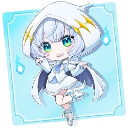 1girl :d absurdres ascot blue_ascot blue_background blue_eyes blue_fire blush boots briareos cape chibi chibi_only commentary_request dress fire frilled_dress frills full_body highres hitodama hood hood_up hooded_cape kasukane_shino large_variant_set looking_at_viewer nanashi_inc. open_mouth shadow short_hair smile solo standing standing_on_one_leg variant_set virtual_youtuber white_background white_boots white_cape white_dress white_hair