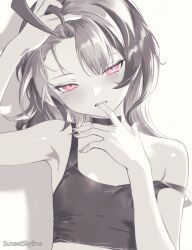1girl adjusting_hair arm_up biting_own_finger commentary crop_top english_commentary finger_in_own_mouth gigi_murin greyscale highres hololive hololive_english medium_hair messy_hair monochrome multicolored_hair pink_eyes sharp_teeth solo spot_color strap_slip sunset_skyline teeth upper_teeth_only virtual_youtuber