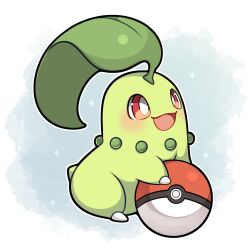 Rule 34 | absurdres, blush, chikorita, claws, gen 2 pokemon, happy, highres, leaf, nintendo, open mouth, poke ball, poke ball (basic), pokemon, pokemon (creature), red eyes, sevi (seviyummy), signature, sitting, smile