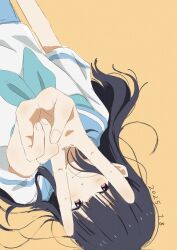 Rule 34 | blue hair, blue neckerchief, blue sailor collar, blue skirt, blush, breasts, closed mouth, hibike! euphonium, highres, kitauji high school uniform, long hair, neckerchief, pleated skirt, red eyes, sailor collar, school uniform, serafuku, shirt, short sleeves, simple background, skirt, smile, upper body, v, white shirt, yao (yaocccc98), yoroizuka mizore
