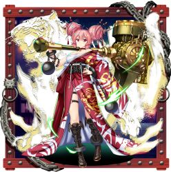 1girl alternate_costume alternate_hairstyle ball_and_chain_restraint black_corset boots breasts brown_boots chain chest_sarashi choker cleavage closed_mouth corset cuffs double_bun full_body game_cg hair_bun hair_ornament hair_stick hammer hand_on_own_hip highres holding holding_hammer horns houso_(touhou) ibaraki_douji_(touhou) ibaraki_kasen ibaraki_kasen_(oni_gate_abou_yaksha) japanese_clothes kimono kneehighs large_breasts looking_at_viewer off_shoulder official_art oni over_shoulder oversized_object pink_eyes pink_hair red_kimono red_nails rotte_(1109) sarashi shackles socks solo thigh_strap third-party_source tiger touhou touhou_lostword transparent_background weapon weapon_over_shoulder