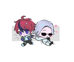 2boys ahoge aotsuki_eito black_gloves black_pants black_shoes blush cane chibi chibi_only dragging frown gloves grey_hair grey_jacket holding holding_cane hood hoodie jacket male_focus multicolored_hair multiple_boys pants red_hair rice_(somasuki_77) shoes short_hair simple_background smile spoilers streaked_hair sumino_takumi the_hundred_line_-last_defense_academy- white_background white_hoodie white_jacket white_pants white_shoes