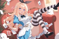 ahoge alice_(alice_in_wonderland) alice_(alice_in_wonderland)_(cosplay) apron black_hairband black_ribbon blonde_hair blue_dress card cosplay dress flower hair_flower hair_ornament hairband highres huge_ahoge indie_virtual_youtuber kujou_ichiso mary_janes pantyhose peonista_(yukinoshita_peo) pink_ribbon playing_card pocket_watch ribbon shoes striped_clothes striped_pantyhose virtual_youtuber watch white_apron yukinoshita_peo