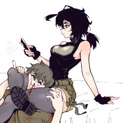 Rule 34 | 1boy, 1girl, absurdres, anomarasu, between thighs, black gloves, black hair, blood, blush, breasts, cellphone, commentary, crushing, english commentary, expressionless, femdom, fingerless gloves, gloves, green shorts, grey hair, head between thighs, highres, holding, holding phone, looking at phone, low ponytail, masochism, medium breasts, medium hair, nosebleed, original, phone, ponytail, scissorhold, short hair, short ponytail, shorts, sitting, skindentation, smartphone, smile, thighhighs, thighs, turn pale, white background