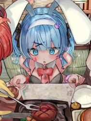 2girls absurdres ahoge alternate_costume animal_ears beef black_leotard blue_eyes blue_hair breasts bright_pupils burger cup double-parted_bangs drill_hair drink drinking_glass fake_animal_ears fingernails floor food fork hair_between_eyes hair_ornament hairband hairclip hatsune_miku highres indoors kasane_teto leotard meat mesmerizer_(vocaloid) microa multiple_girls neck_ribbon on_chair playboy_bunny potato_wedges rabbit_hole_(vocaloid) red_hair red_nails red_ribbon restaurant ribbon sitting small_breasts table table_knife tile_floor tiles twin_drills twintails utau vocaloid white_pupils wristband