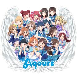 Rule 34 | 6+girls, ahoge, aida rikako, aqours finale lovelive! ~eikyuu stage~, black hair, blonde hair, blue eyes, blue hair, blush, braid, brown hair, commentary request, dress, everyone, feathered wings, frills, from behind, from side, furihata ai, green eyes, grey hair, highres, hug, inami anju, kimi no kokoro wa kagayaiteru kai?, kobayashi aika, komiya arisa, kunikida hanamaru, kurosawa dia, kurosawa ruby, long hair, looking at another, looking at viewer, loose clothes, love live!, love live! sunshine!!, matsuura kanan, mole, multiple girls, ohara mari, one eye closed, open mouth, pink hair, purple hair, rainbow, reaching, red eyes, red hair, saitou shuka, sakurauchi riko, salute, short hair, short sleeves, simple background, sleeveless, smile, suwa nanaka, suzuki aina (voice actor), takami chika, takaneandeli, takatsuki kanako, thighs, tsushima yoshiko, upper body, v, voice actor, watanabe you, waving, wavy hair, white background, wings, yellow eyes